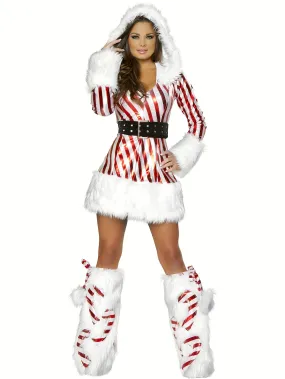 Long Sleeve Women's Christmas Mini Dress Set: Hooded Striped Patchwork Dress   Belt   Leg Warmers