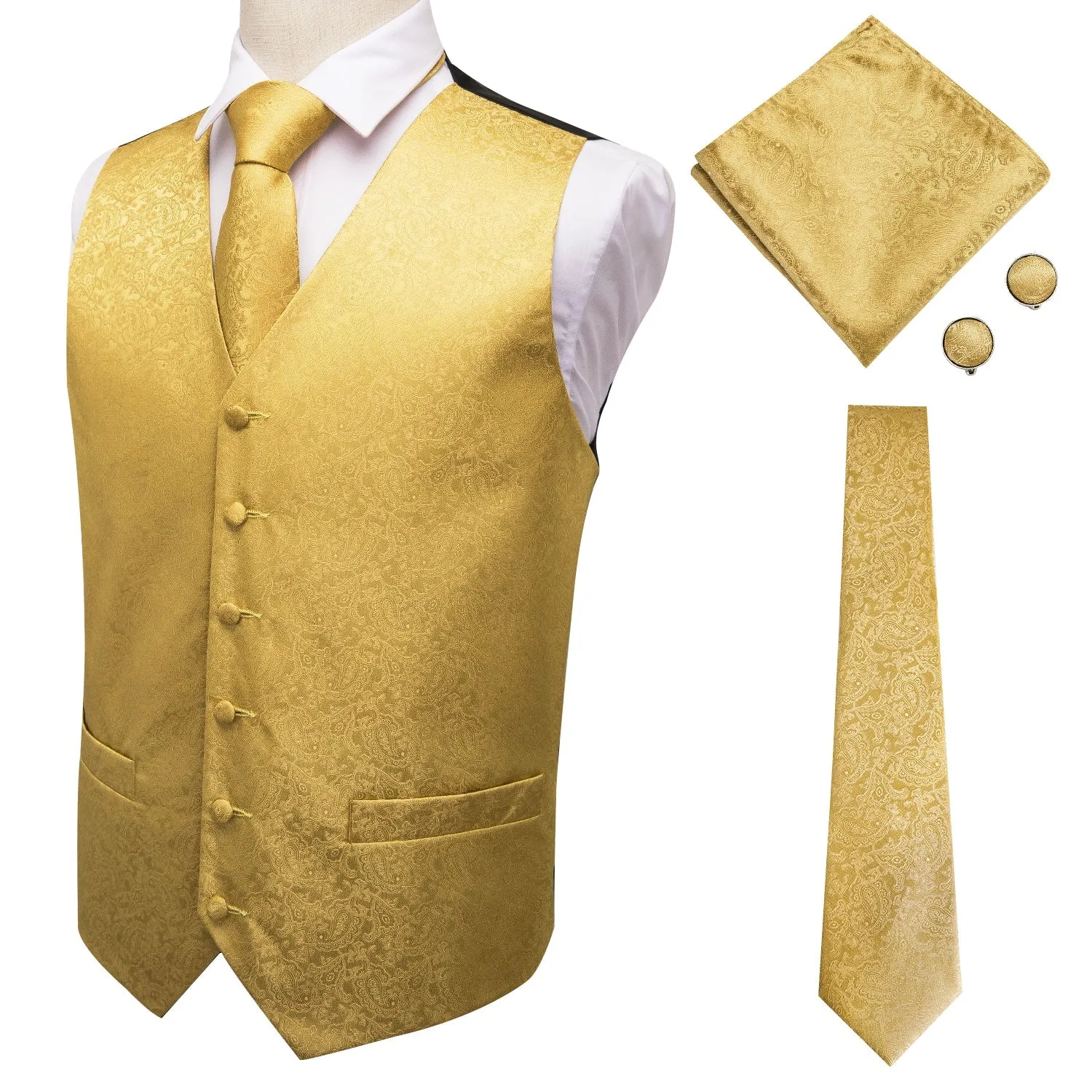 Luxury Pure Golden Paisley Jacquard Silk Men's Vest Hanky Cufflinks Tie Set Waistcoat Suit Set