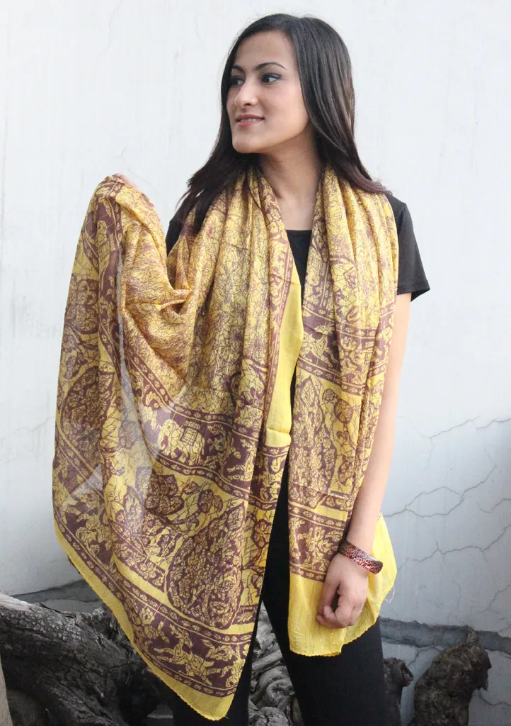 Maroon Printed Yellow Cotton Summer Scarf