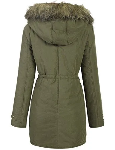 Meaneor Womens Hooded Warm Winter Faux Fur Lined Parkas Long Coats, Army Green, L