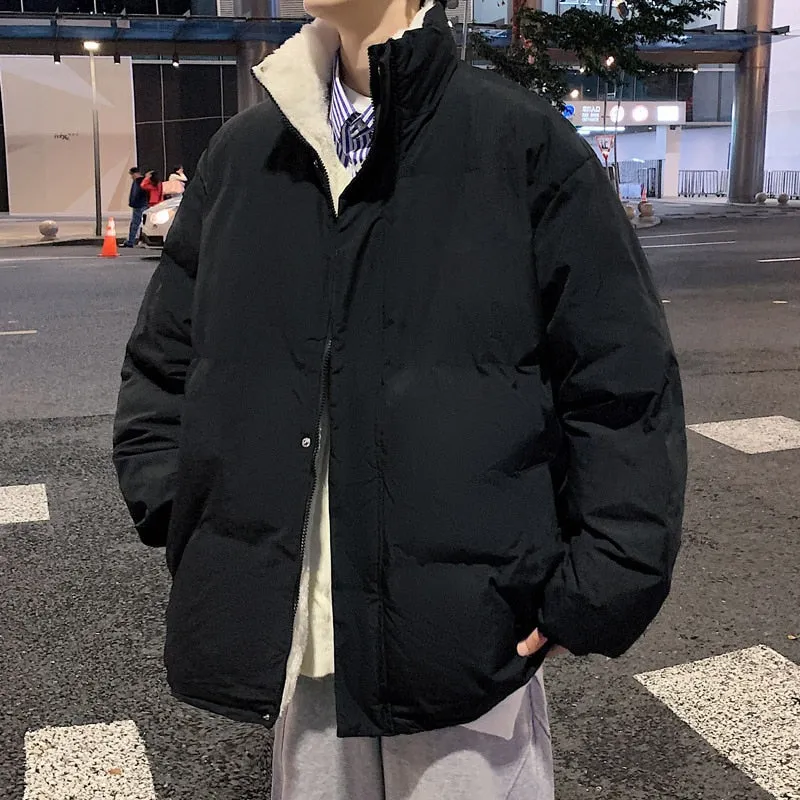 Men Fleece Harajuku Warm Parkas Mens Korean Fashion Streetwear Winter Jacket Japanese Style Vintage Bubble Coat