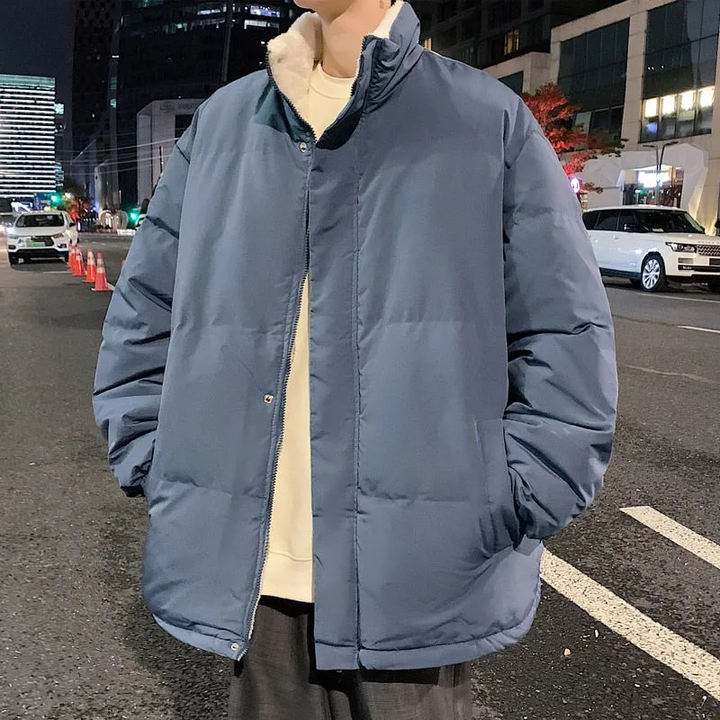 Men Fleece Harajuku Warm Parkas Mens Korean Fashion Streetwear Winter Jacket Japanese Style Vintage Bubble Coat