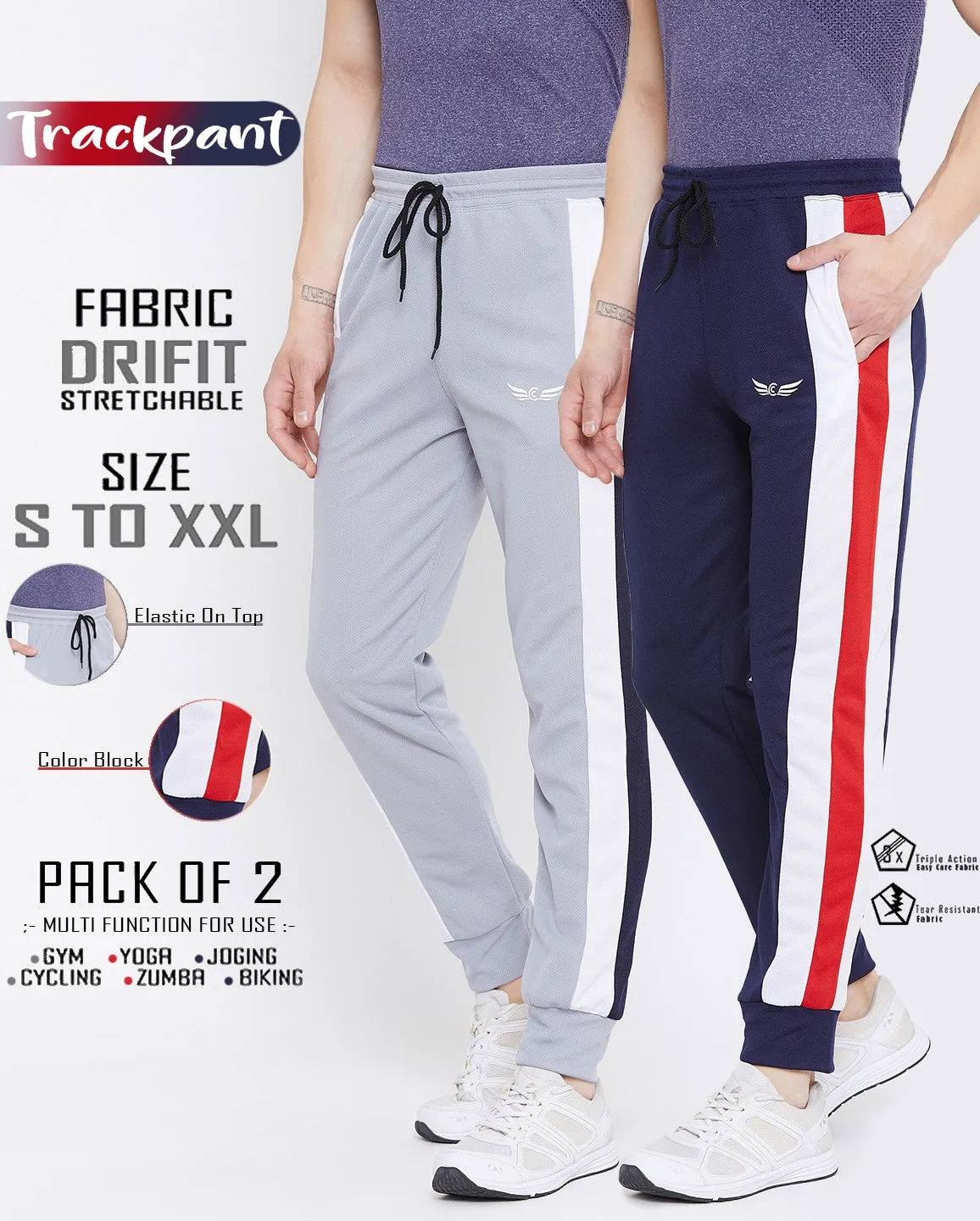 Men Solid Grey/Navy Blue Hiking Track Pants (Pack of 2)