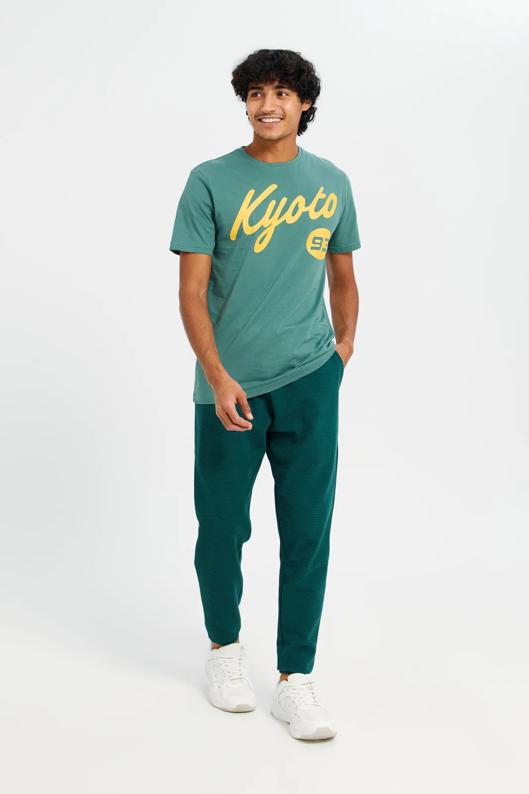 Men Teal Ribbed Jogger Pants