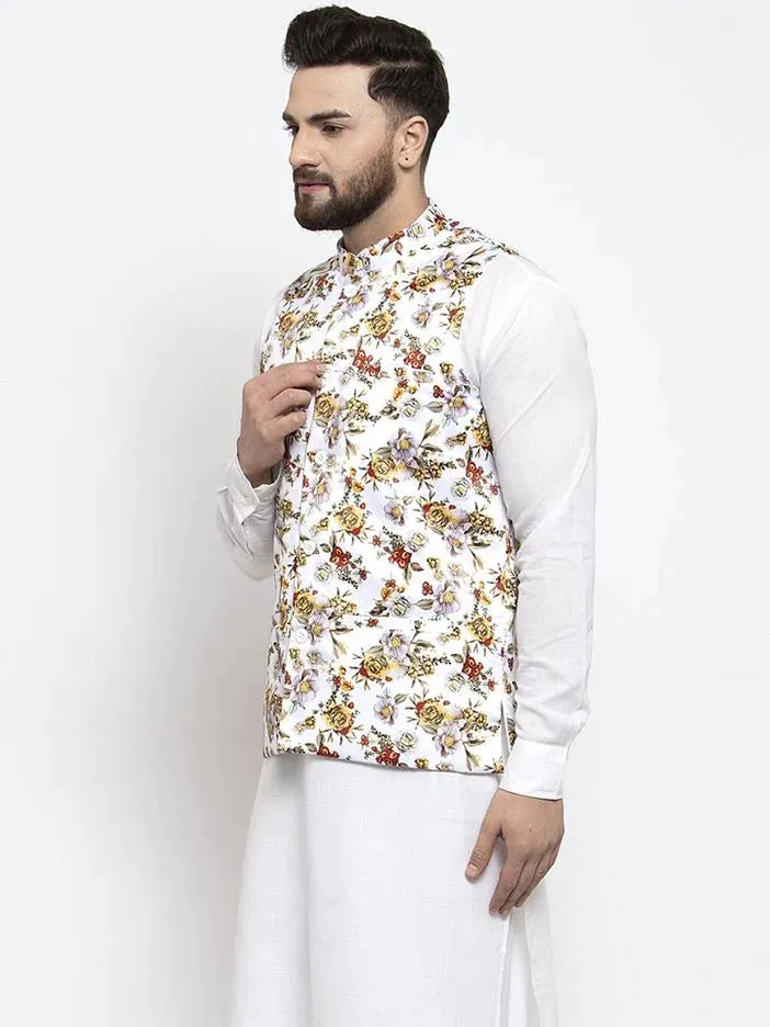 Men White Printed Satin Nehru Jacket