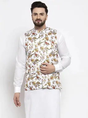 Men White Printed Satin Nehru Jacket