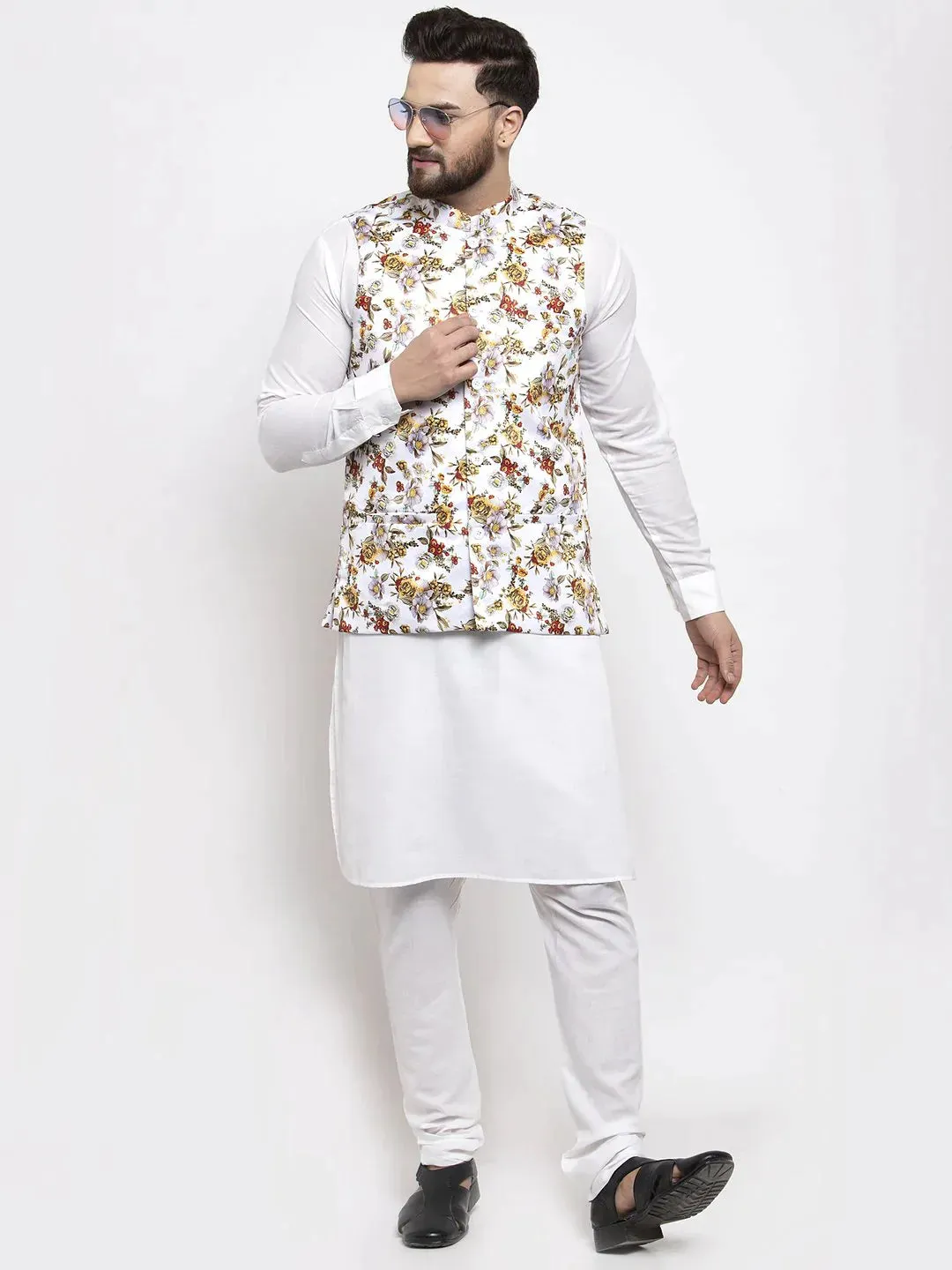 Men White Printed Satin Nehru Jacket