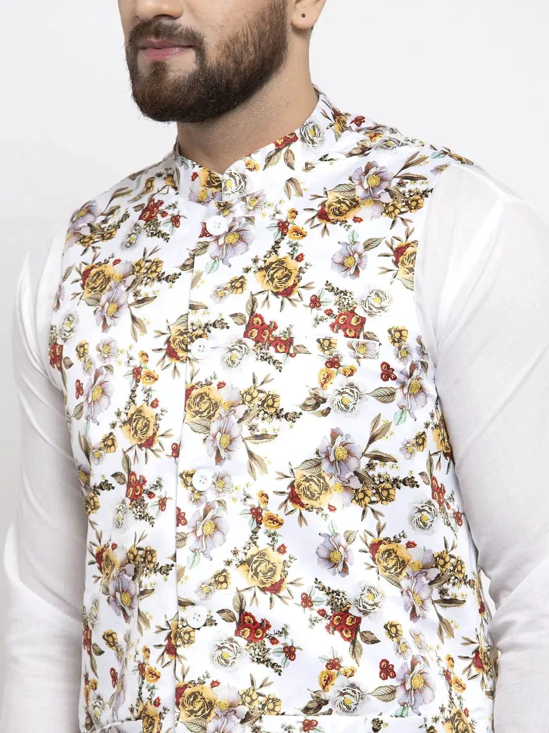 Men White Printed Satin Nehru Jacket