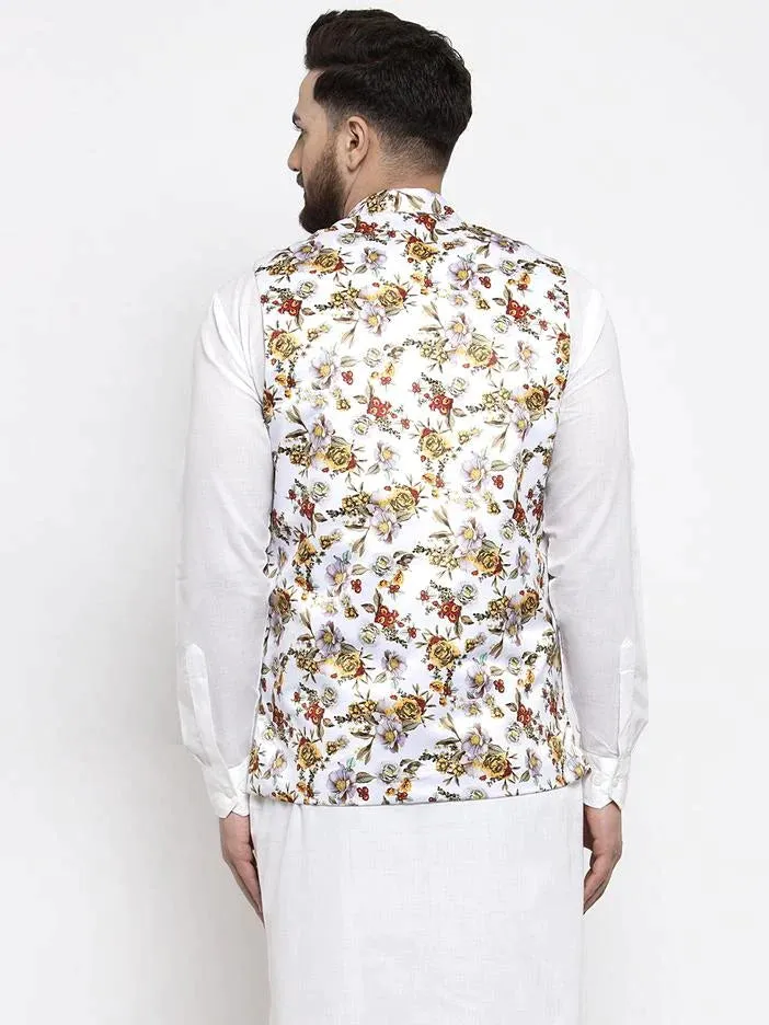 Men White Printed Satin Nehru Jacket