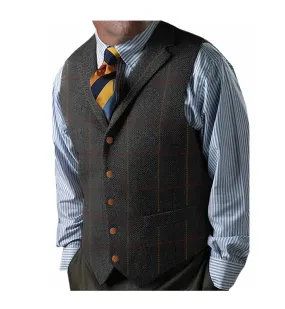 Men's Casual Slim Fit Plaid Tweed Herringbone Notch Lapel Waistcoat