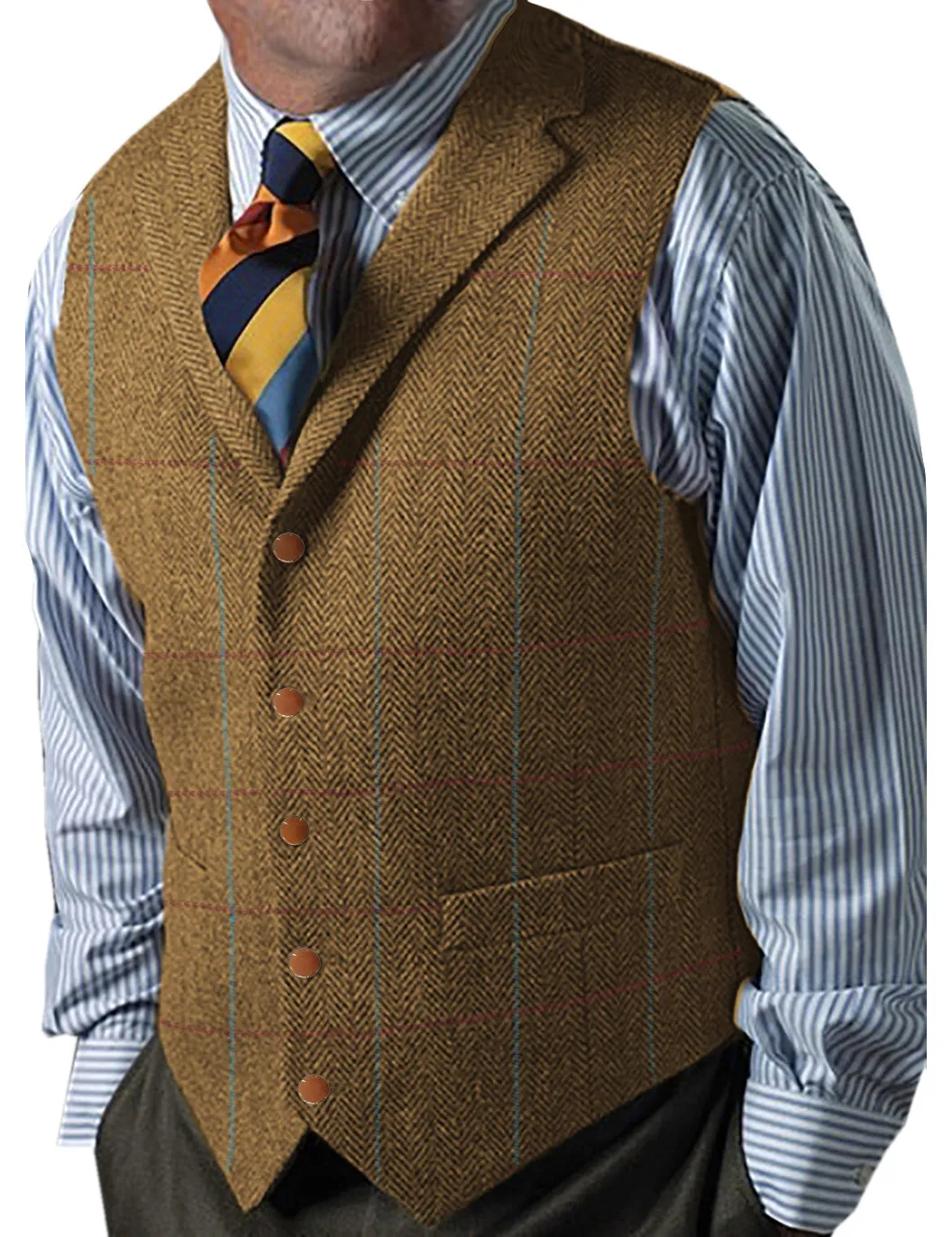 Men's Casual Slim Fit Plaid Tweed Herringbone Notch Lapel Waistcoat