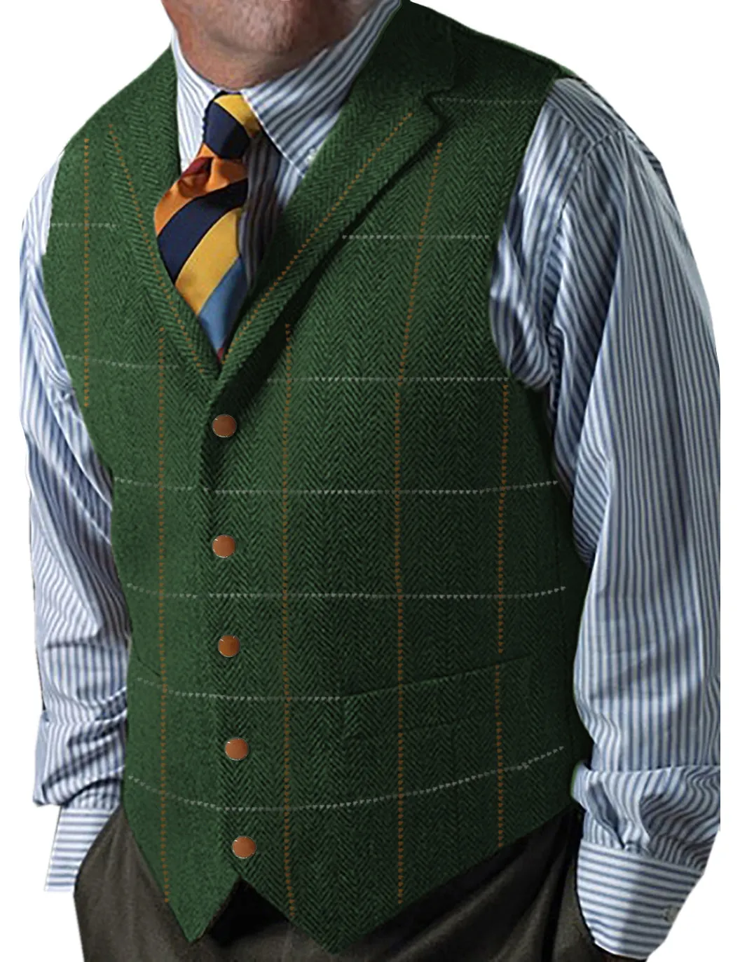 Men's Casual Slim Fit Plaid Tweed Herringbone Notch Lapel Waistcoat