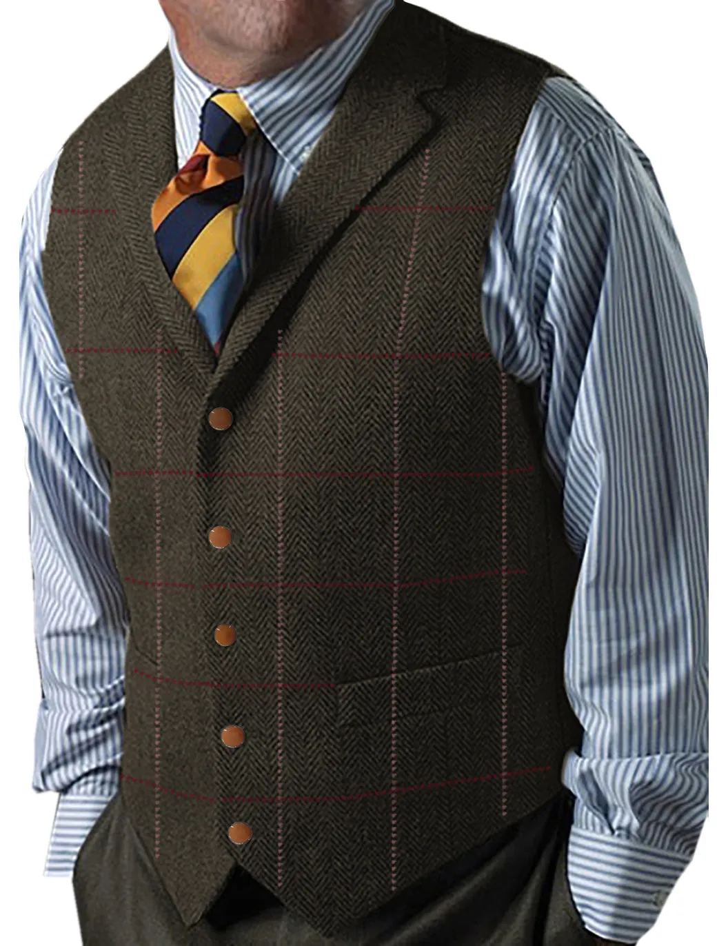 Men's Casual Slim Fit Plaid Tweed Herringbone Notch Lapel Waistcoat