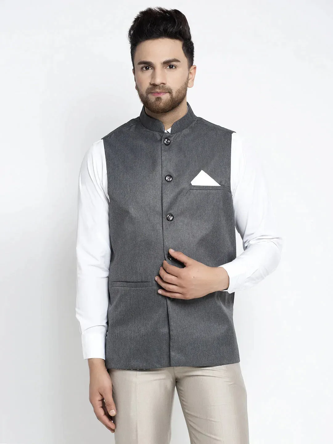 Men'S Grey Melange Solid Nehru Jacket