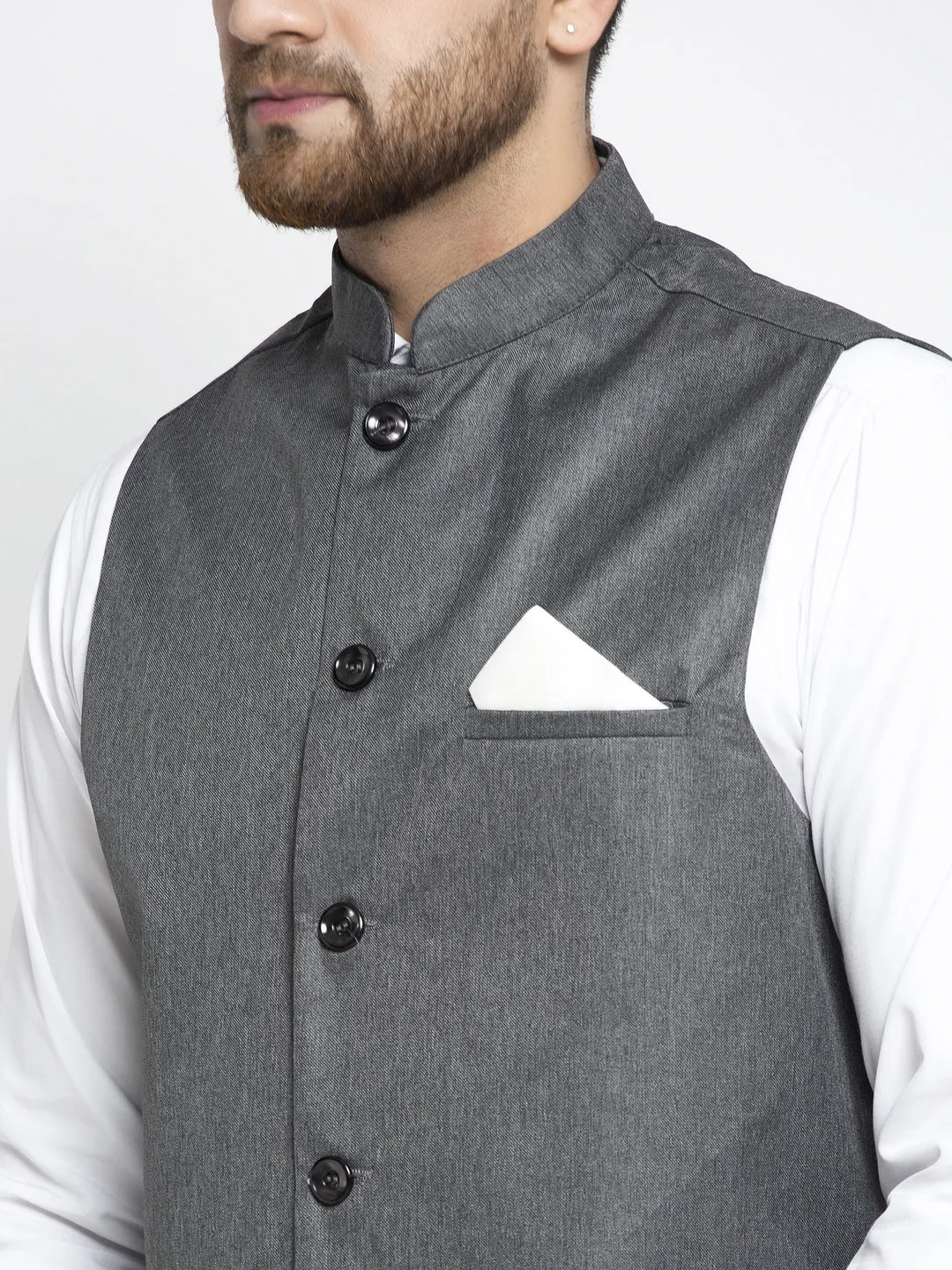 Men'S Grey Melange Solid Nehru Jacket