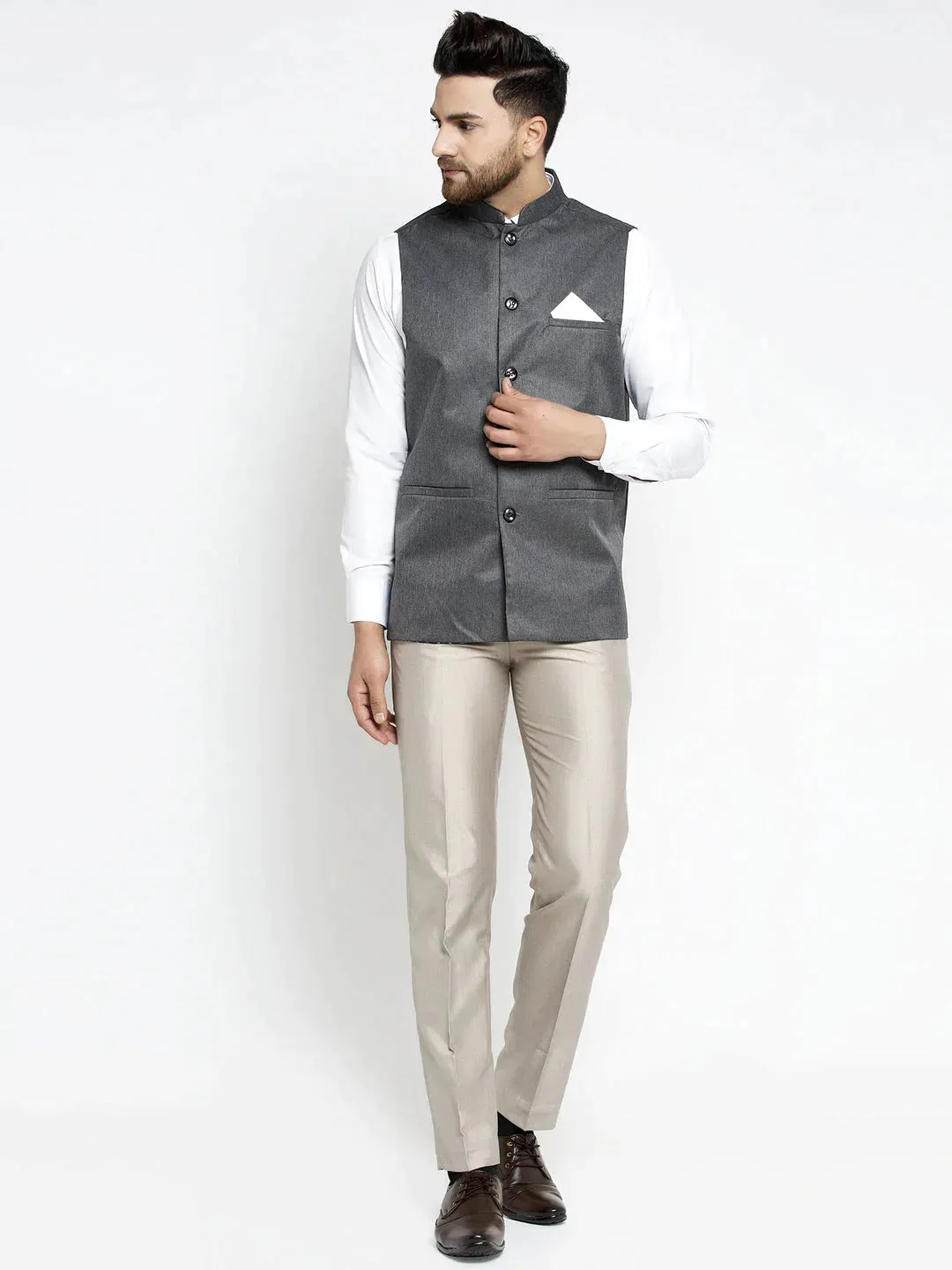 Men'S Grey Melange Solid Nehru Jacket