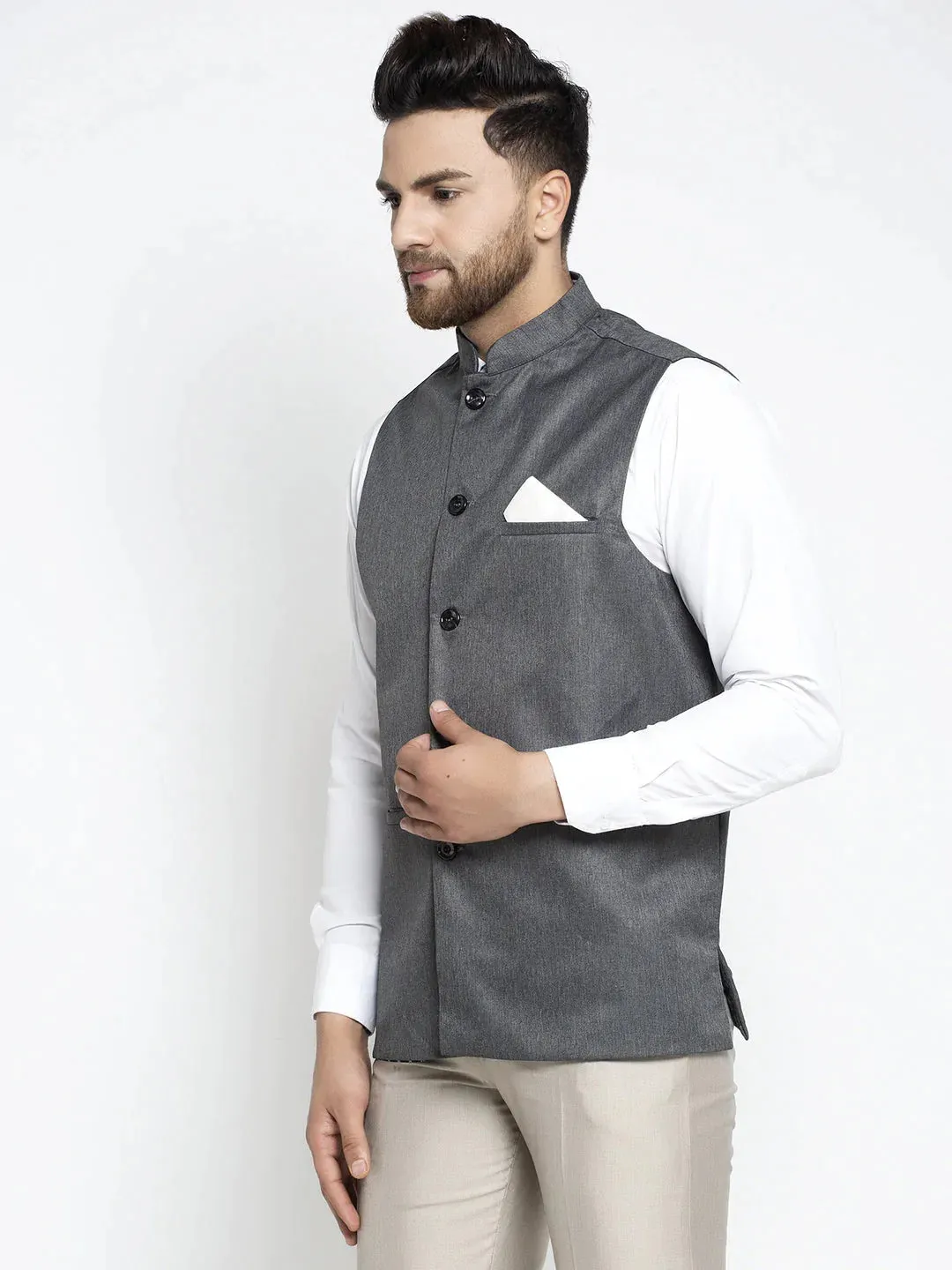 Men'S Grey Melange Solid Nehru Jacket