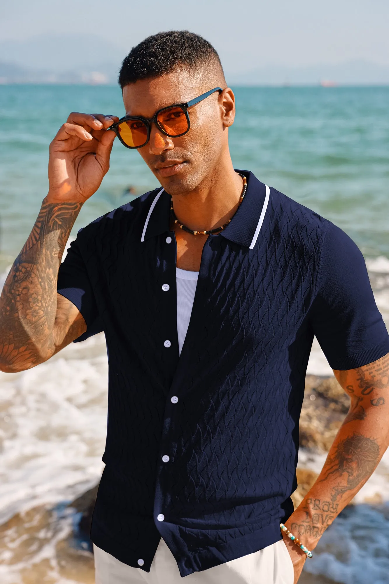 Men's Knit Button Down Short Cardigan Shirts Vintage Polo Shirts Casual Beach Shirts