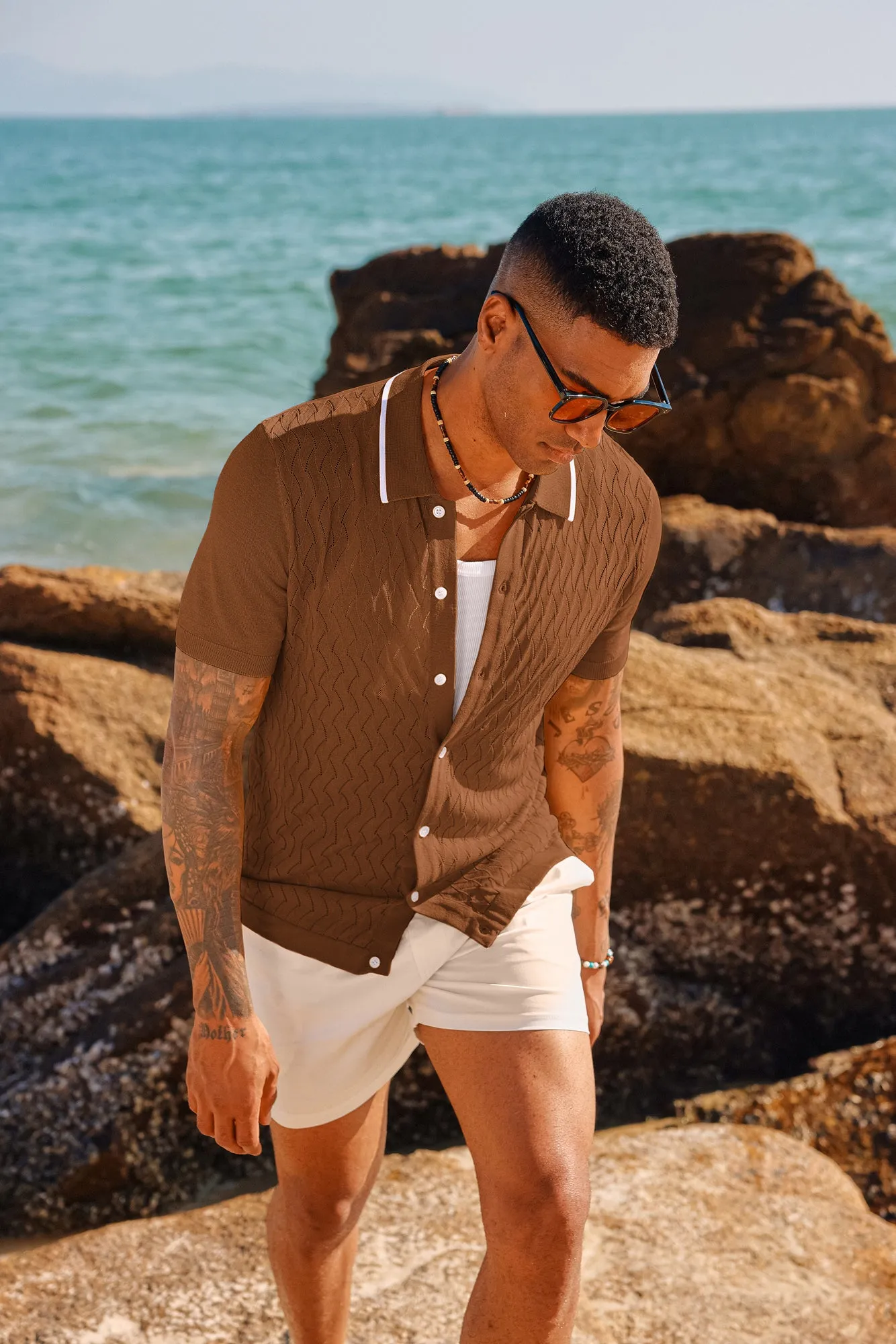 Men's Knit Button Down Short Cardigan Shirts Vintage Polo Shirts Casual Beach Shirts