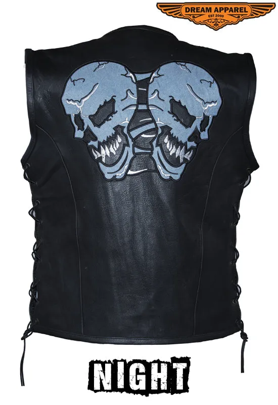 Mens Leather Vest With Reflective Evil Skulls