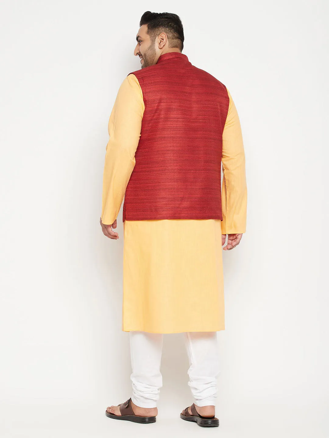 Men's Plus Fawn, Maroon And White Cotton Blend Jacket Kurta Pyjama Set - Vastramay