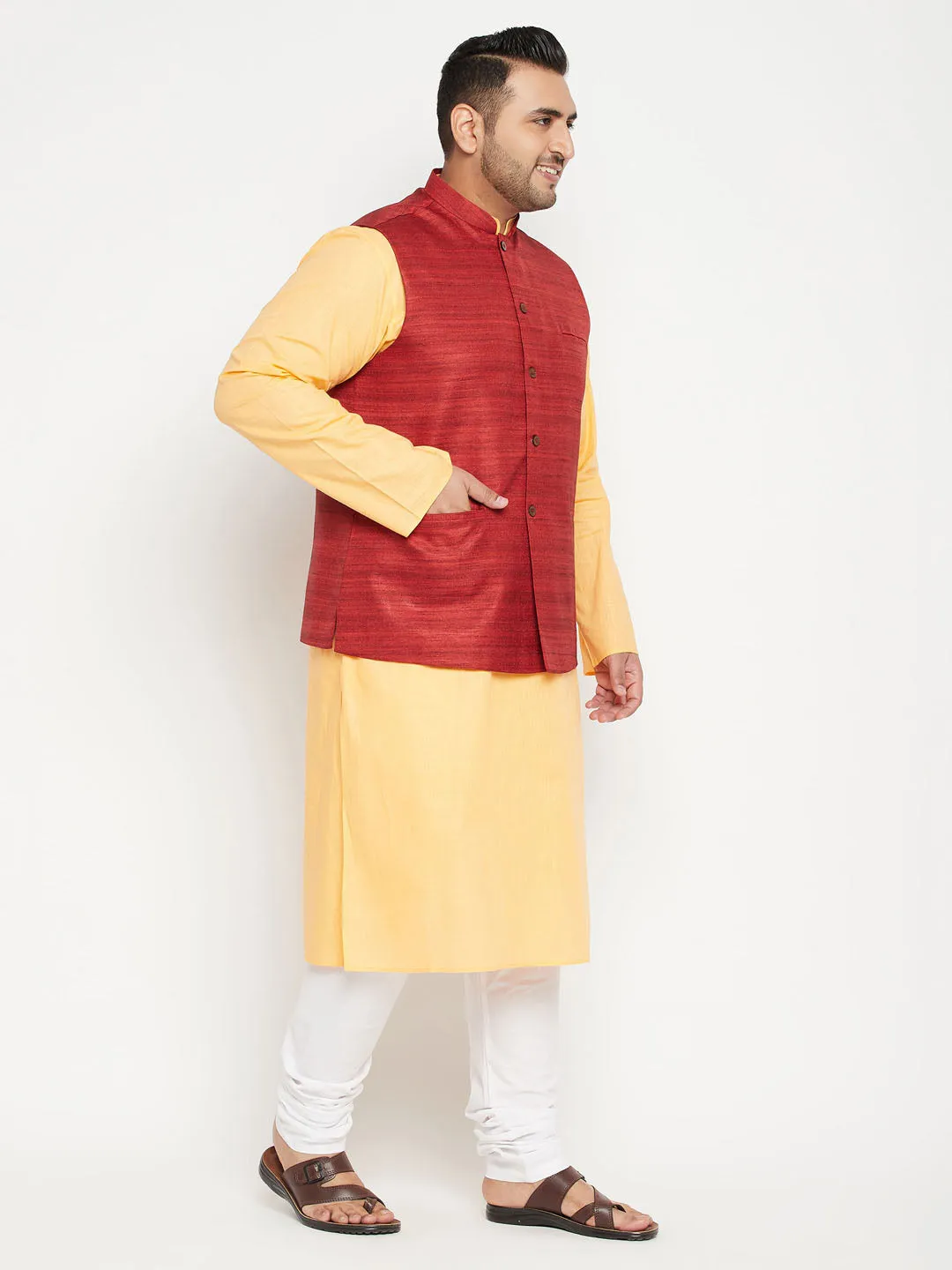 Men's Plus Fawn, Maroon And White Cotton Blend Jacket Kurta Pyjama Set - Vastramay