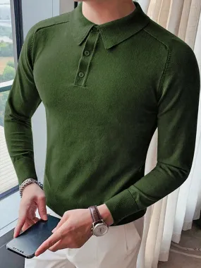 New Spring Casual Mens Knitted Polo Shirts Long-sleeved Slim Sweater Men's Tops Knit Turn-down Collar Buttoned Jumpers Male Tees