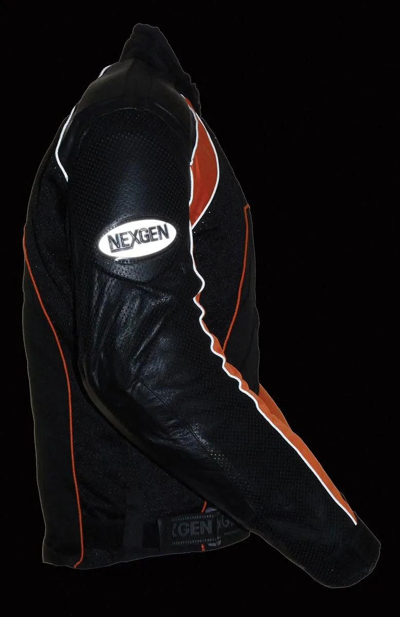 NexGen SH2153 Men's Black and Orange Armored Moto Textile and Leather Combo Jacket