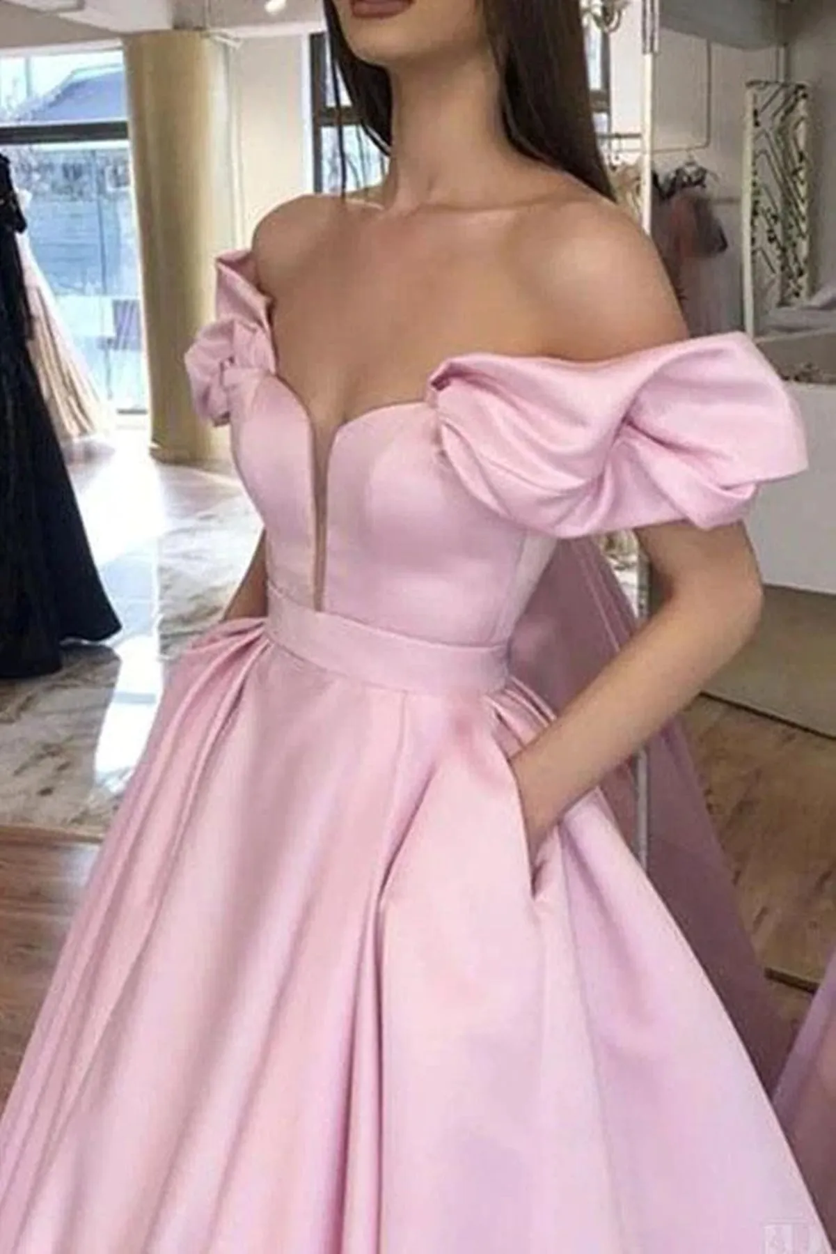 Off Shoulder Pink Satin Long Prom Dresses, Off the Shoulder Pink Formal Dresses, Pink Evening Dresses