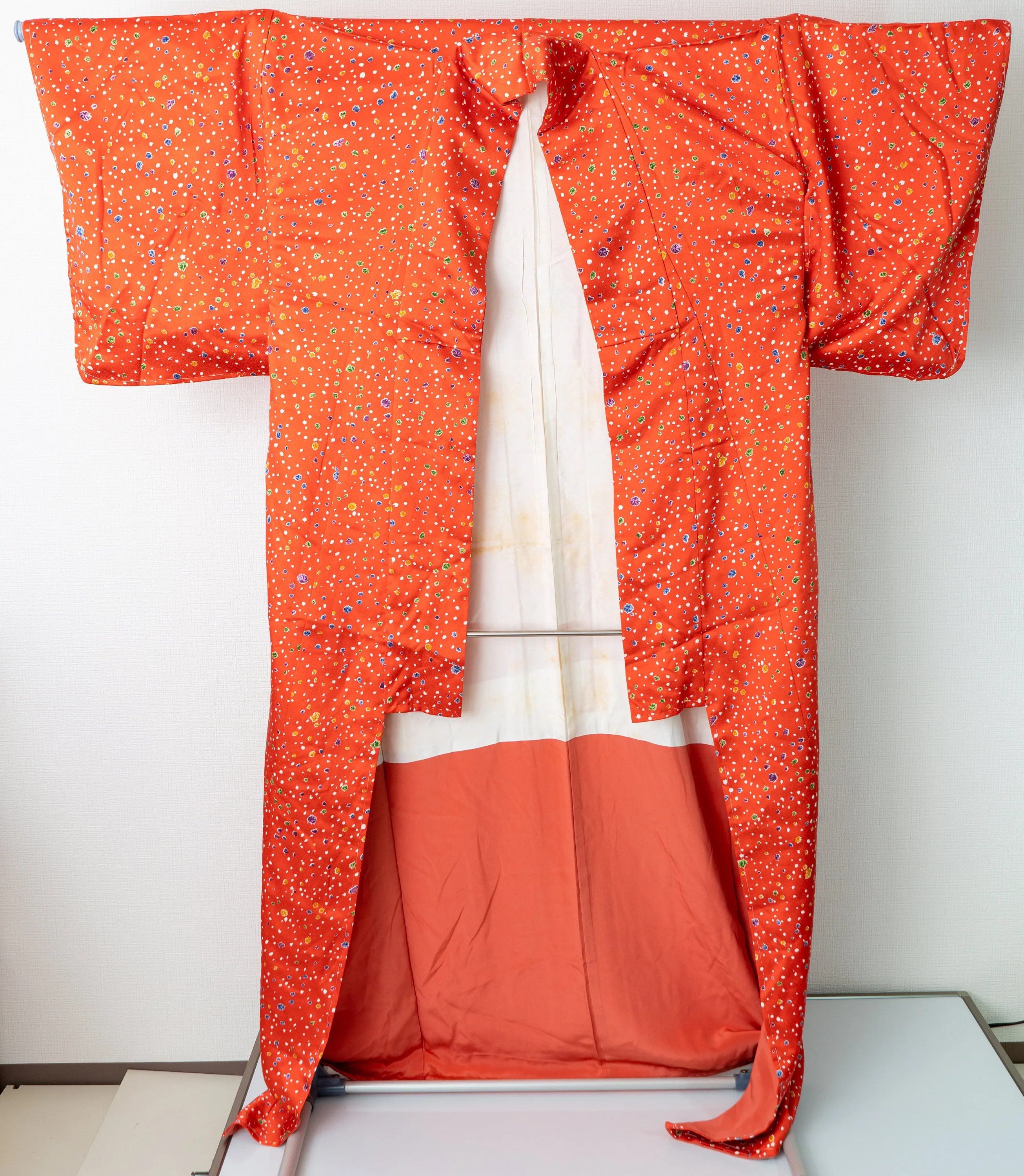 Party Time Orange "Confetti" Komon Kimono Silk - Blue Green Yellow Purple Paint Splatter Dots