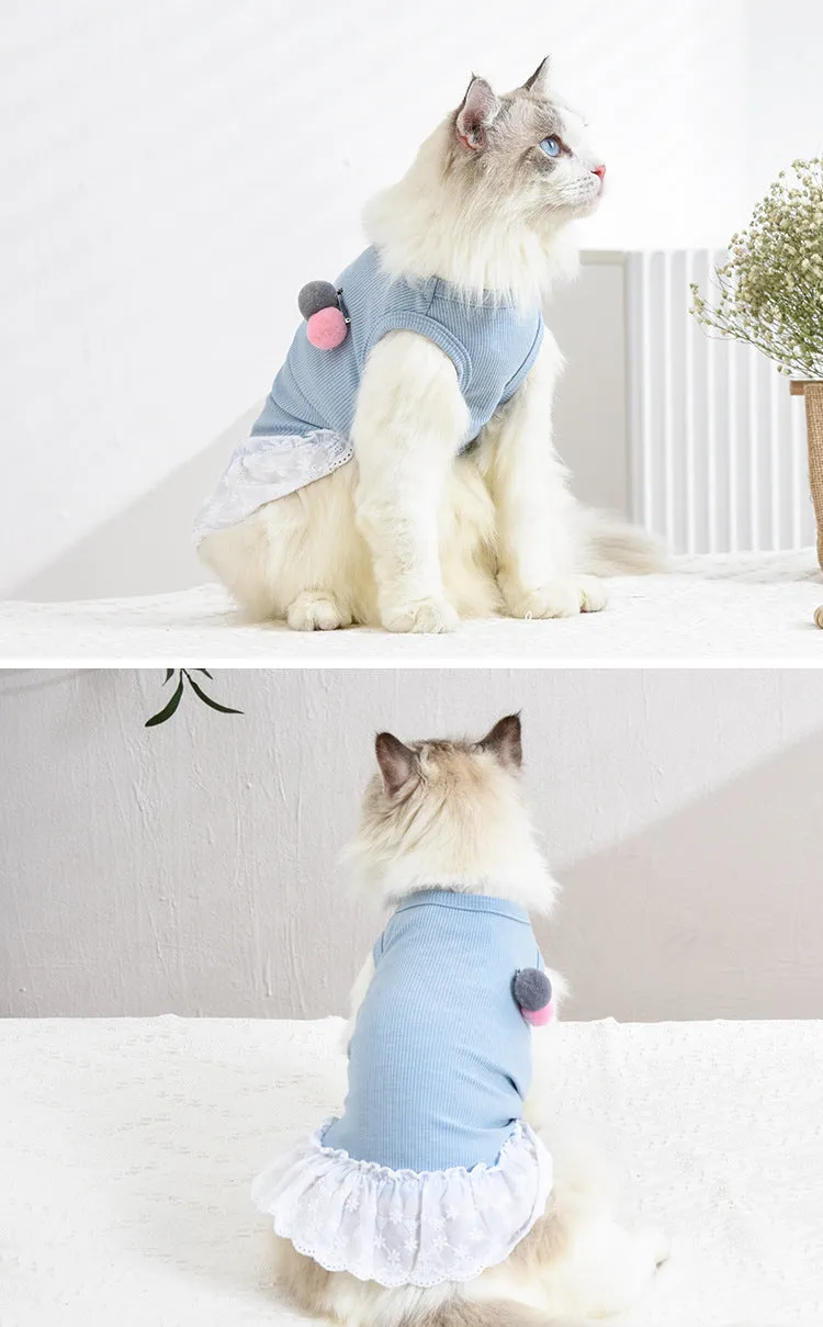 Pet Clothes Solid Color Lace Skirt with Cute Fur Ball