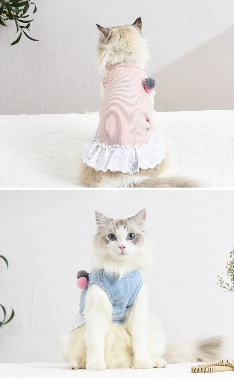 Pet Clothes Solid Color Lace Skirt with Cute Fur Ball