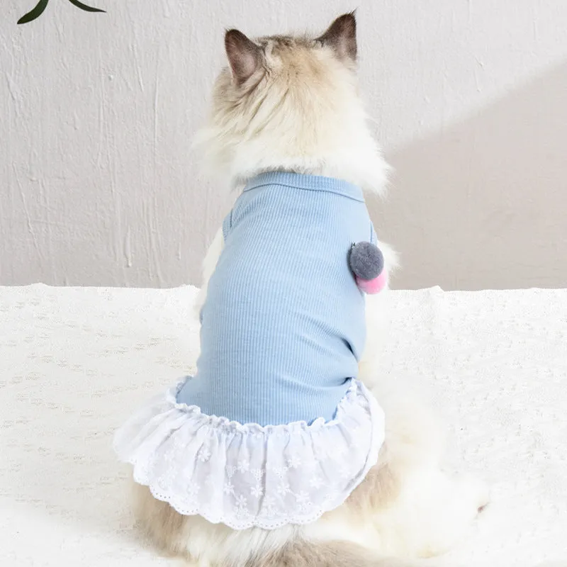 Pet Clothes Solid Color Lace Skirt with Cute Fur Ball