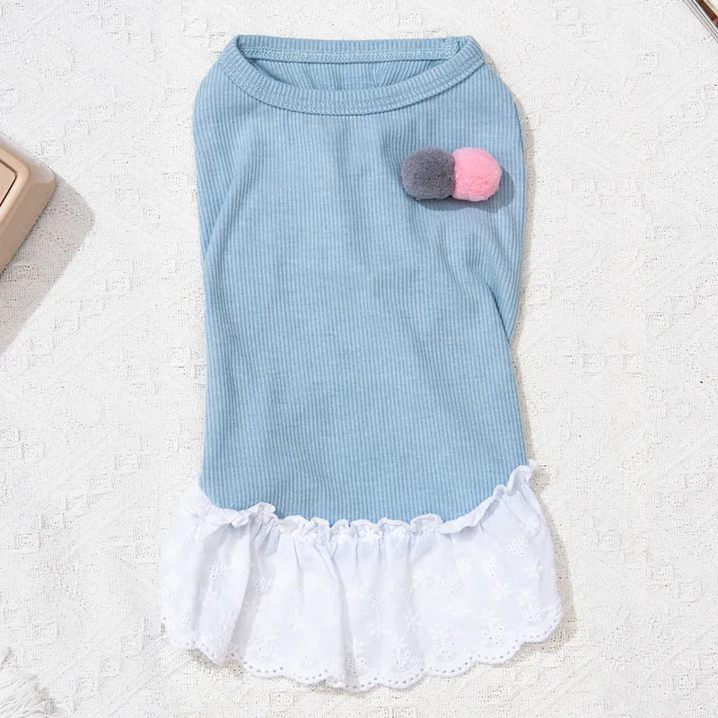 Pet Clothes Solid Color Lace Skirt with Cute Fur Ball