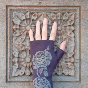 Purple rose print merino fingerless gloves