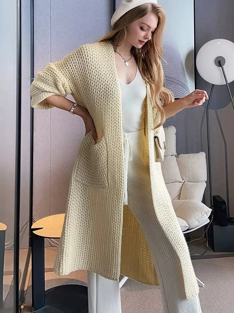 Rose Red Pocket Big Size Knitting Cardigan Sweater V-Neck Long Sleeve Women New Fashion Tide Autumn Winter 2023 C-072