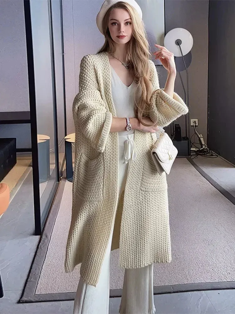 Rose Red Pocket Big Size Knitting Cardigan Sweater V-Neck Long Sleeve Women New Fashion Tide Autumn Winter 2023 C-072