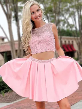 Round Neck 2 Pieces Beades Pink Prom, Pink 2 Pieces Homecoming, Pink Short Formal