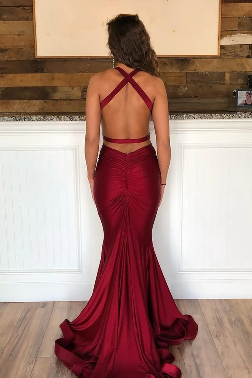 Sexy V Neck Mermaid Backless Burgundy Satin Long Prom Dresses, Burgundy Mermaid Formal Dresses, Burgundy Evening Dresses