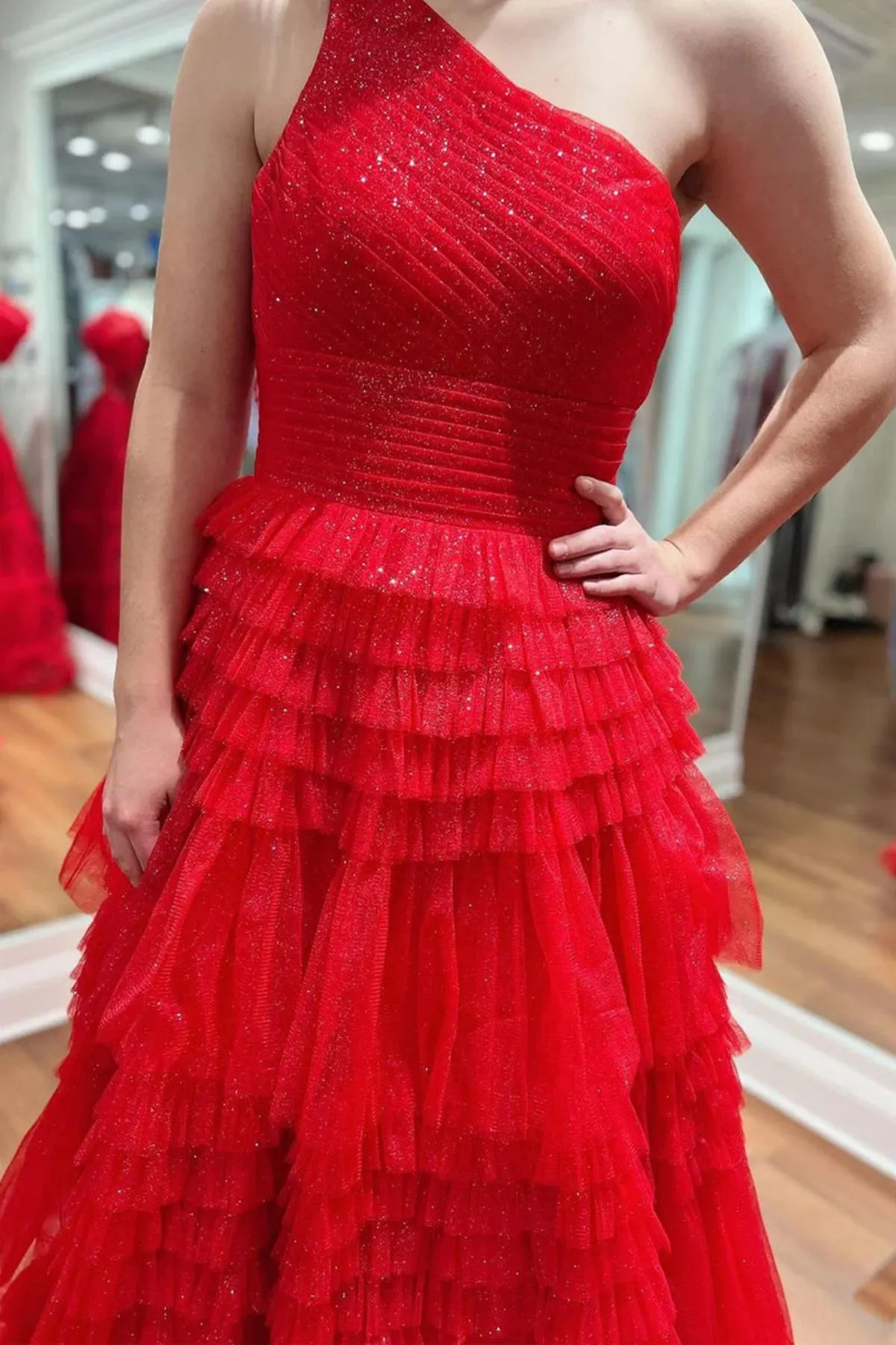 Shiny One Shoulder Layered Red Tulle Long Prom Dress, One Shoulder Red Formal Dress, Red Evening Dress A2202