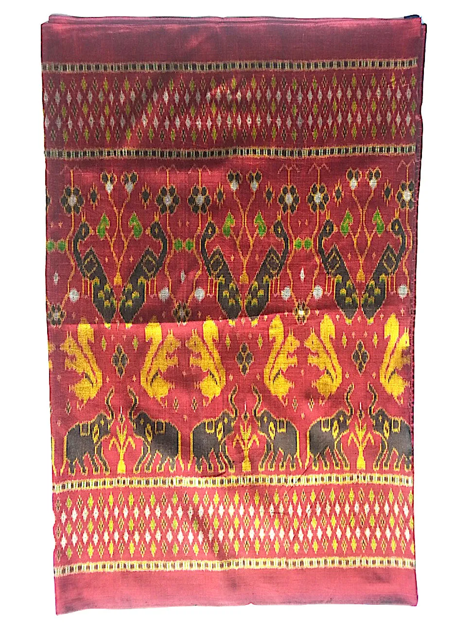 Silk Ikat Textile Red Gold Animal Motif