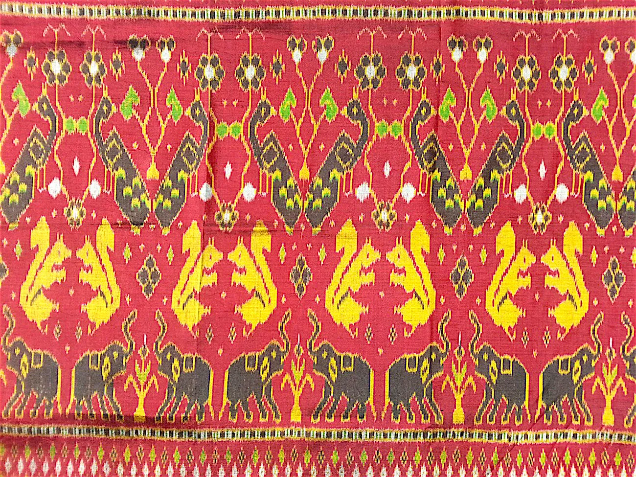 Silk Ikat Textile Red Gold Animal Motif