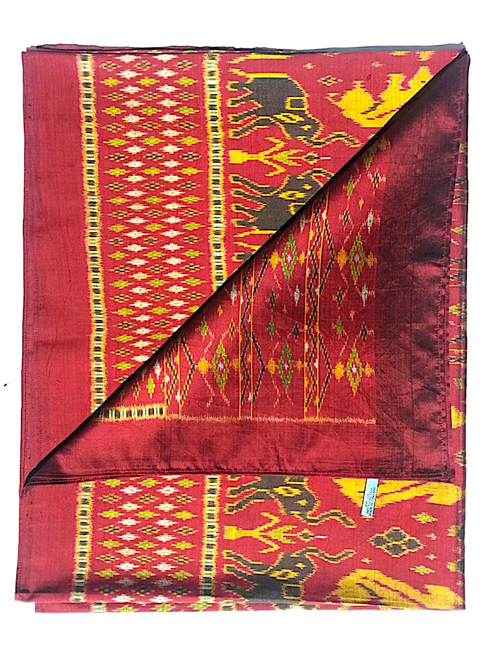 Silk Ikat Textile Red Gold Animal Motif