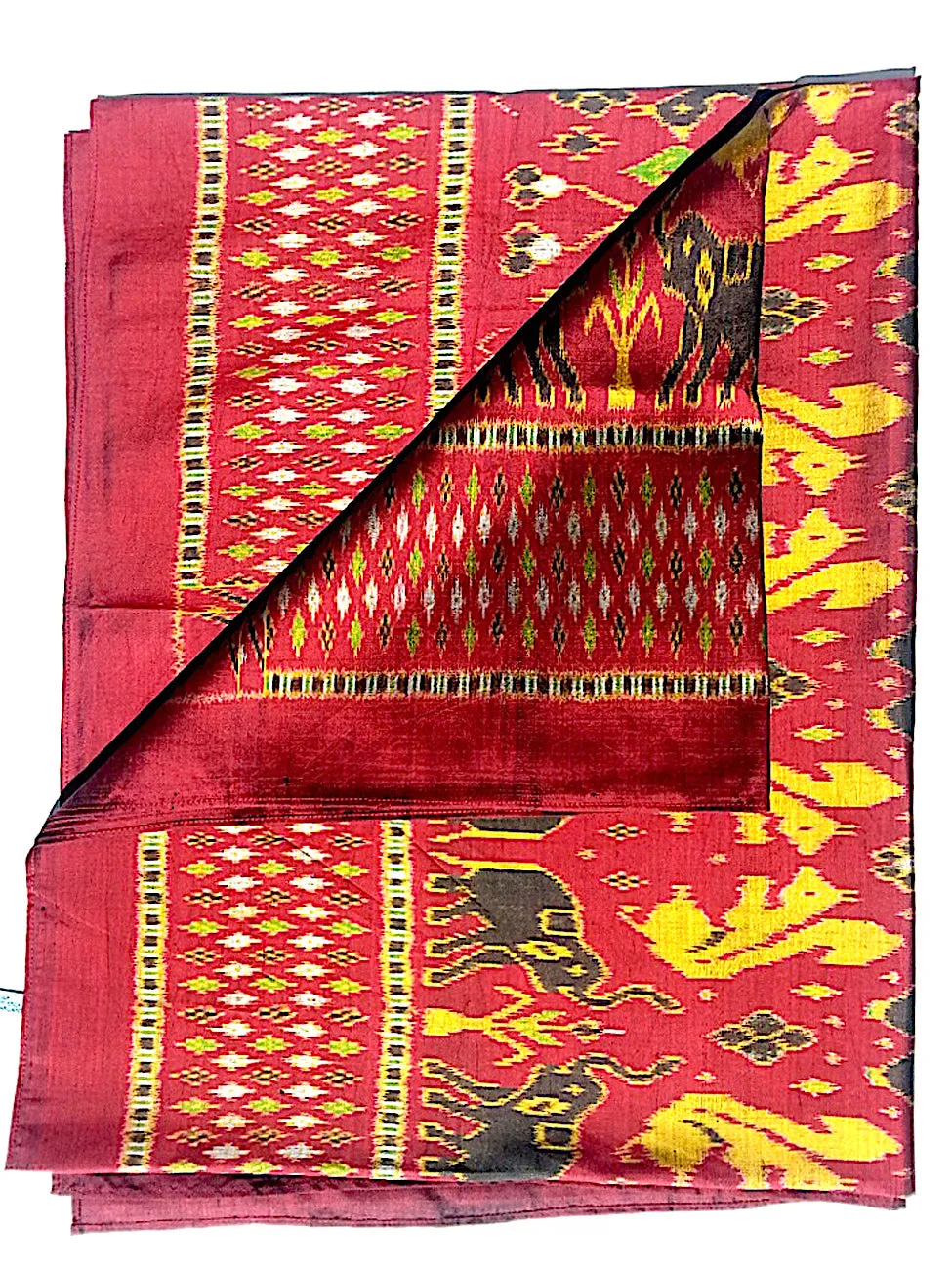 Silk Ikat Textile Red Gold Animal Motif