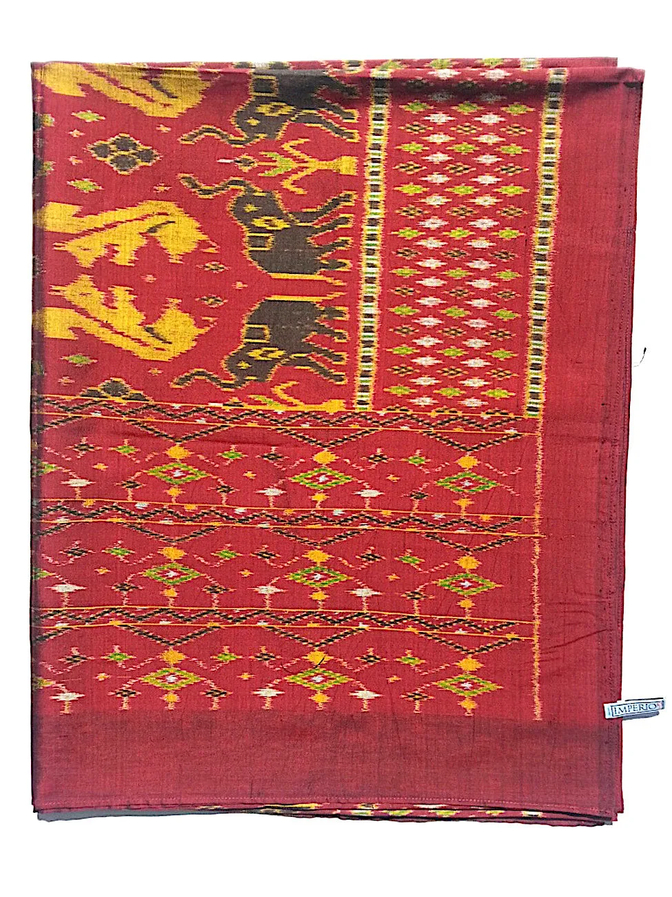 Silk Ikat Textile Red Gold Animal Motif