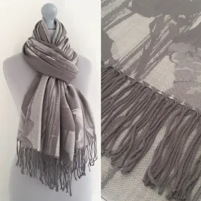 SILVER GREY REVERSIBLE PASHMINA SHAWL SCARF IN ABSTRACT FLORAL PRINT