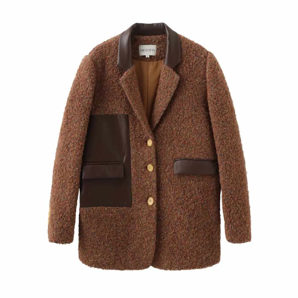 Single Breasted Wool Jacket with Leather Pocket - Brown