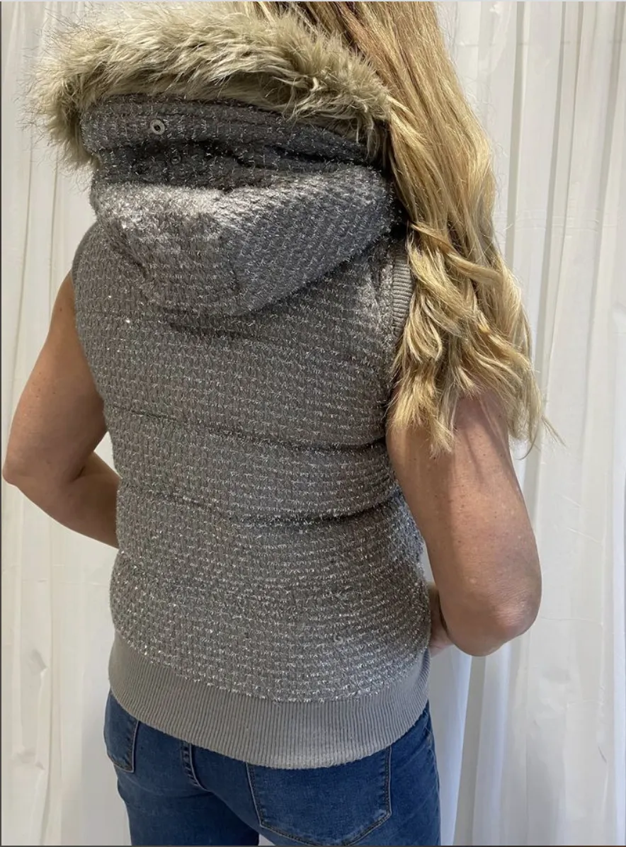 Size MED VICTORIA SECRET Grey Sparkle and Faux Fur Hood Vest