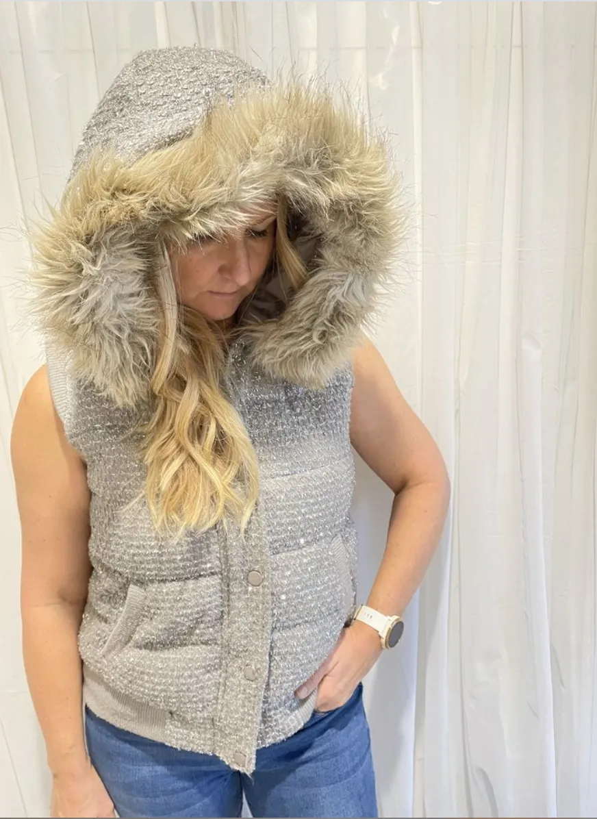 Size MED VICTORIA SECRET Grey Sparkle and Faux Fur Hood Vest