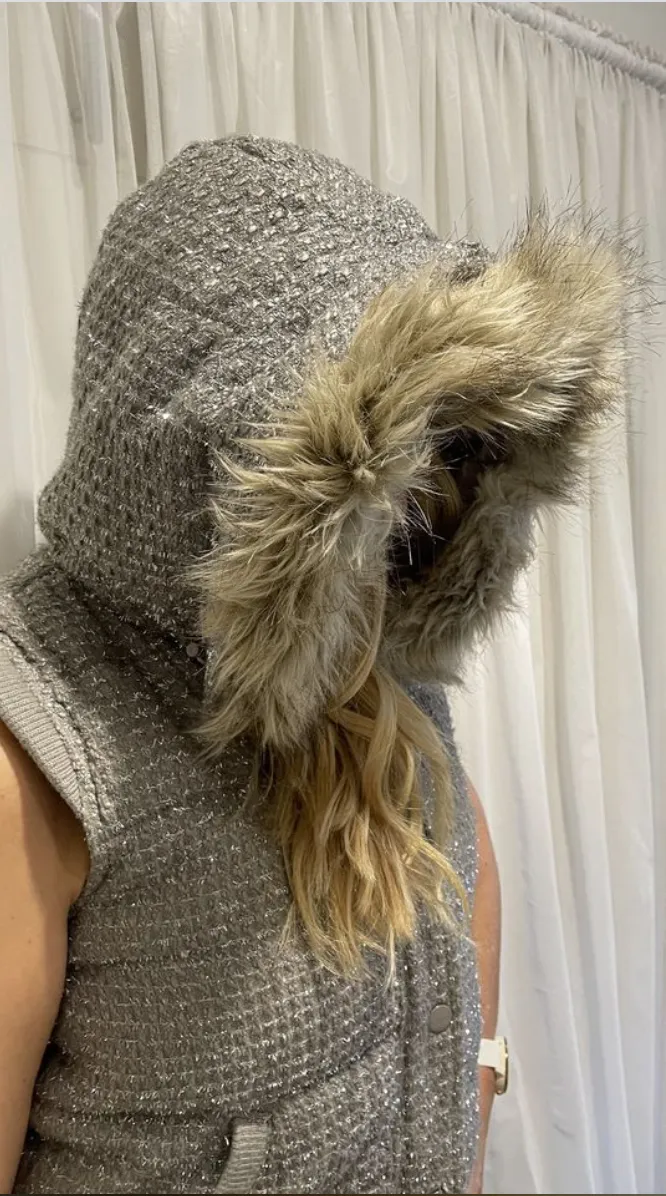 Size MED VICTORIA SECRET Grey Sparkle and Faux Fur Hood Vest